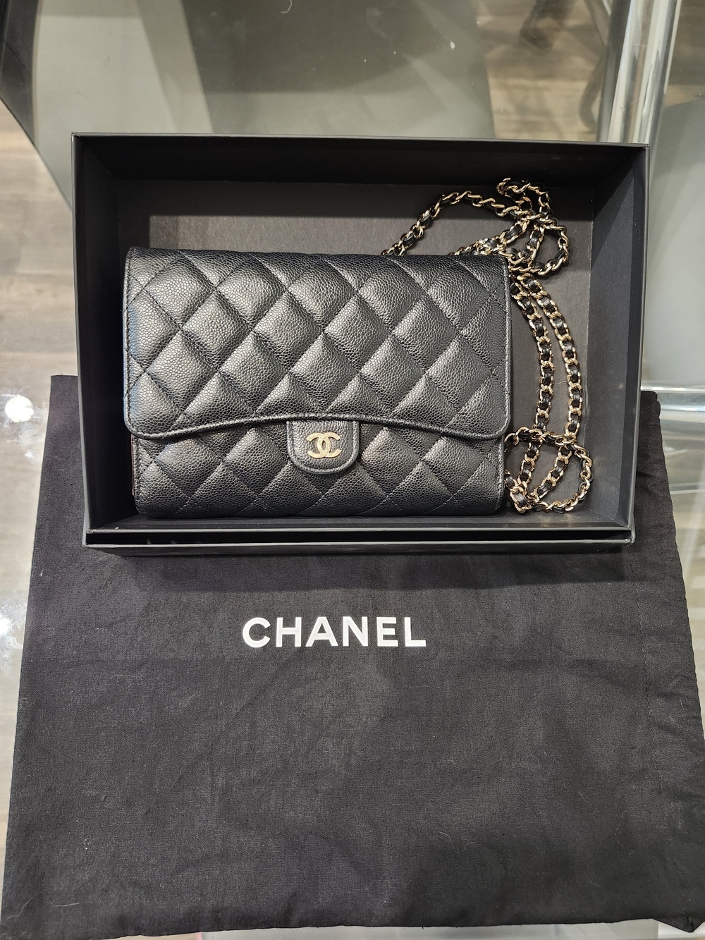 Authentic Chanel Quilted Black Caviar Leather Trifold Wallet/Clutch on Chain